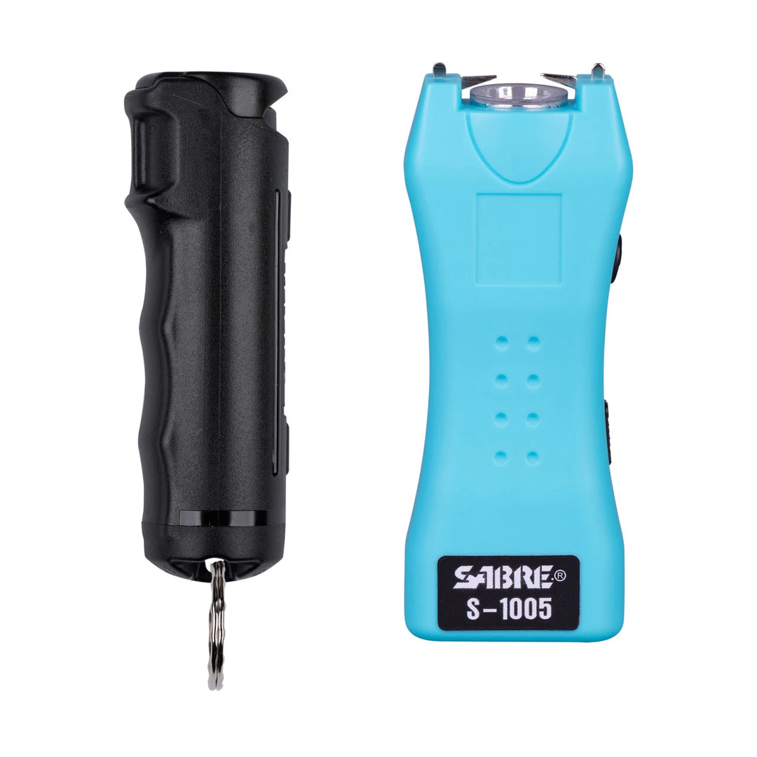 SABRE Pepper Spray &amp; 2-in-1 Stun Gun with Flashlight – Fast Flip Top Safety, 12–14 ft Range, Rechargeable Defense Kit