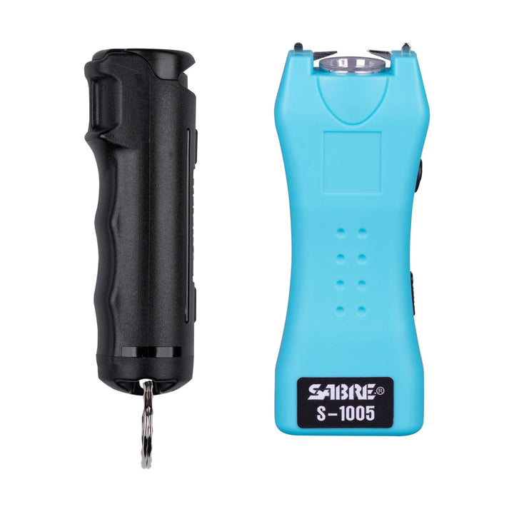 SABRE Pepper Spray &amp; 2-in-1 Stun Gun with Flashlight – Fast Flip Top Safety, 12–14 ft Range, Rechargeable Defense Kit