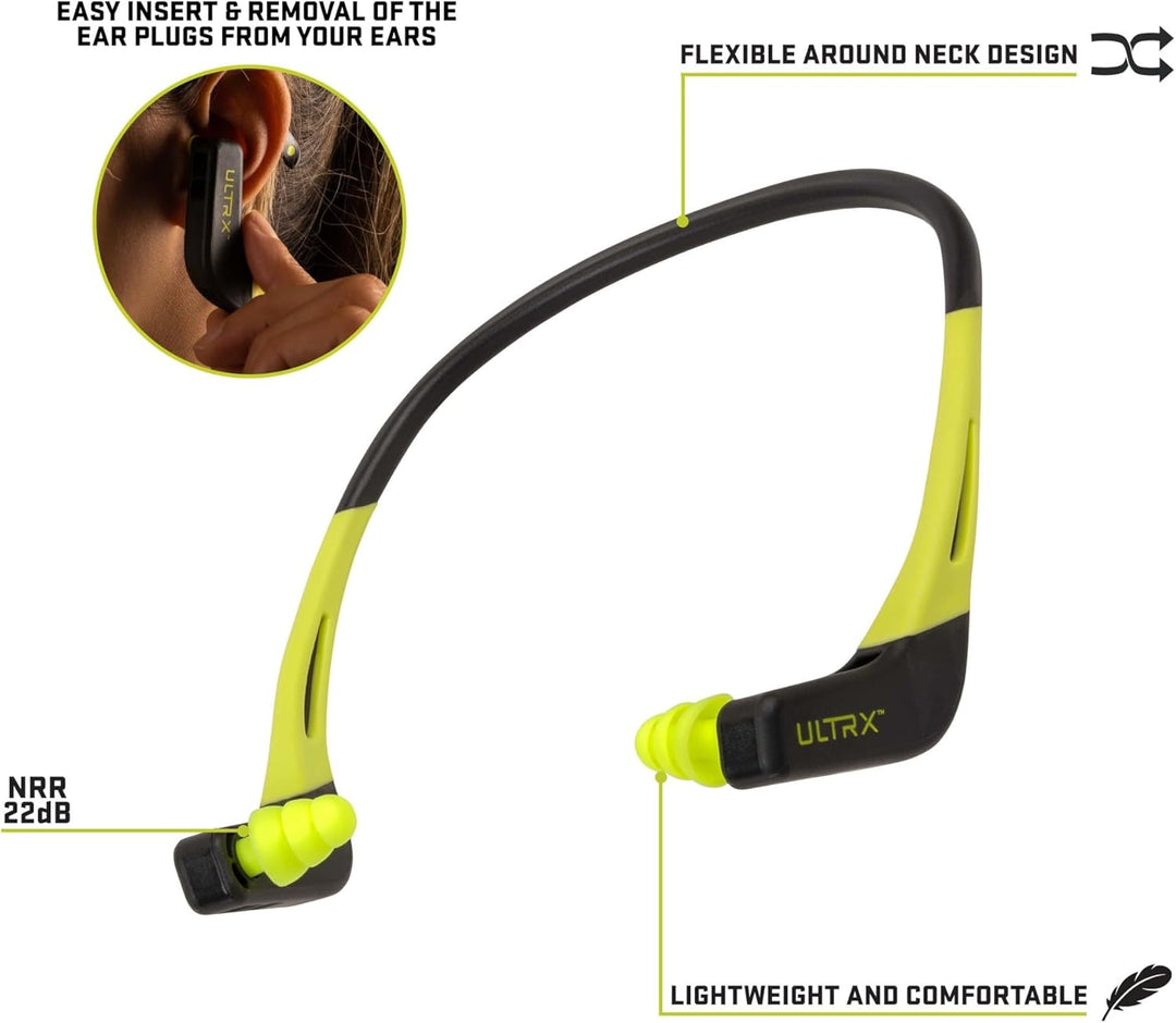 ULTRX Wave Banded Ear Plugs Gray/Yellow – NRR 22dB Noise Reduction, Lightweight Neckband Hearing Protection