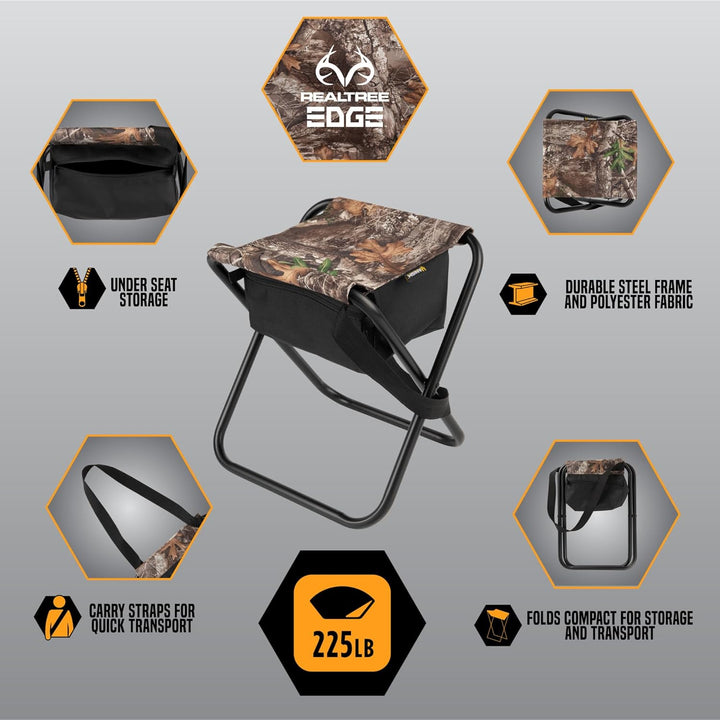 Vanish Folding Hunting Seat Realtree Edge – Portable Camo Chair with Storage, Steel Frame, 225 lb Capacity