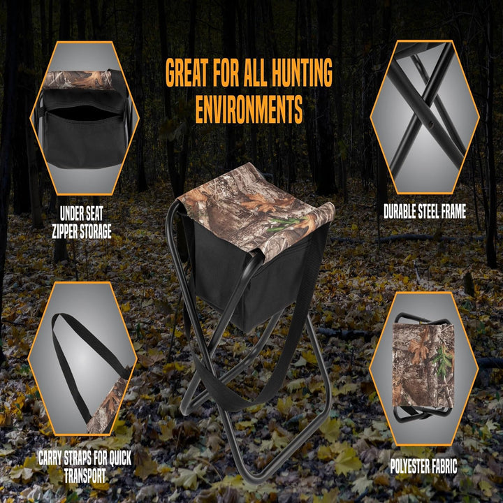 Vanish Folding Hunting Seat Realtree Edge – Portable Camo Chair with Storage, Steel Frame, 225 lb Capacity