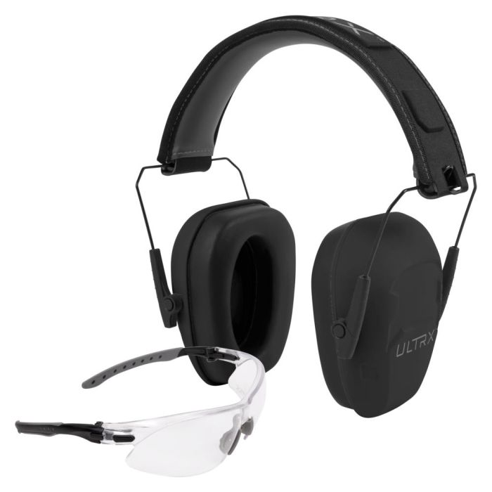 ULTRX Shield Ear &amp; Eye Protection Combo Midnight Gray – Safety Glasses &amp; Earmuffs Set, NRR 23dB