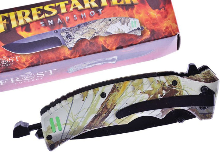 Firestarter Linerlock Assisted Opening Knife – 3.75" Drop Point Blade, Camo Handle with Glass Breaker &amp; Built-in Firestarter