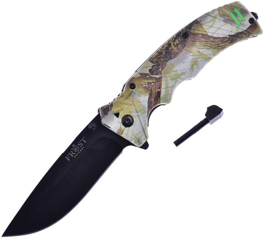 Firestarter Linerlock Assisted Opening Knife – 3.75" Drop Point Blade, Camo Handle with Glass Breaker &amp; Built-in Firestarter