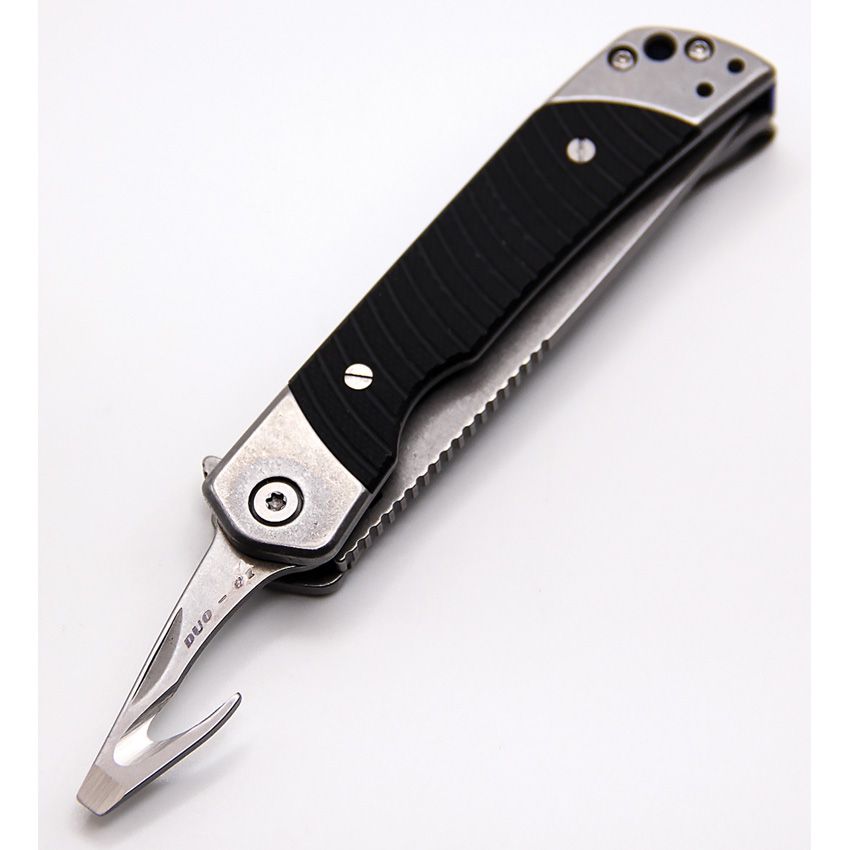 Duo Linerlock Folding Knife – Dual Blade Drop Point &amp; Guthook, 9Cr18MoV Steel, G10 Handle (Black)
