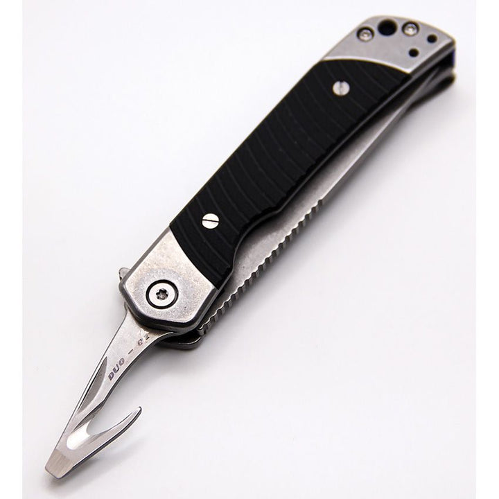 Duo Linerlock Folding Knife – Dual Blade Drop Point &amp; Guthook, 9Cr18MoV Steel, G10 Handle (Black)