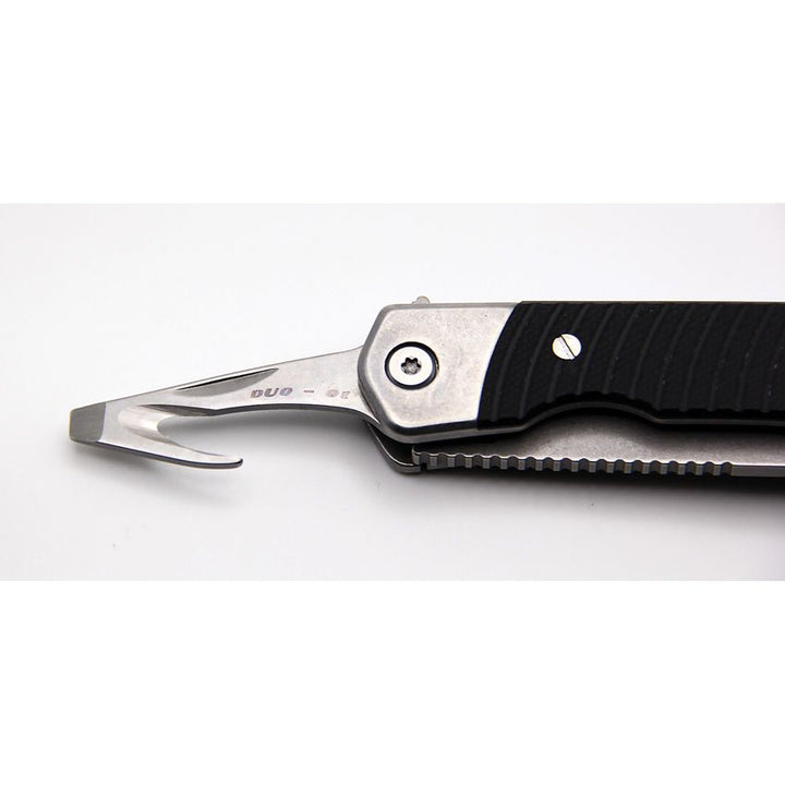 Duo Linerlock Folding Knife – Dual Blade Drop Point &amp; Guthook, 9Cr18MoV Steel, G10 Handle (Black)