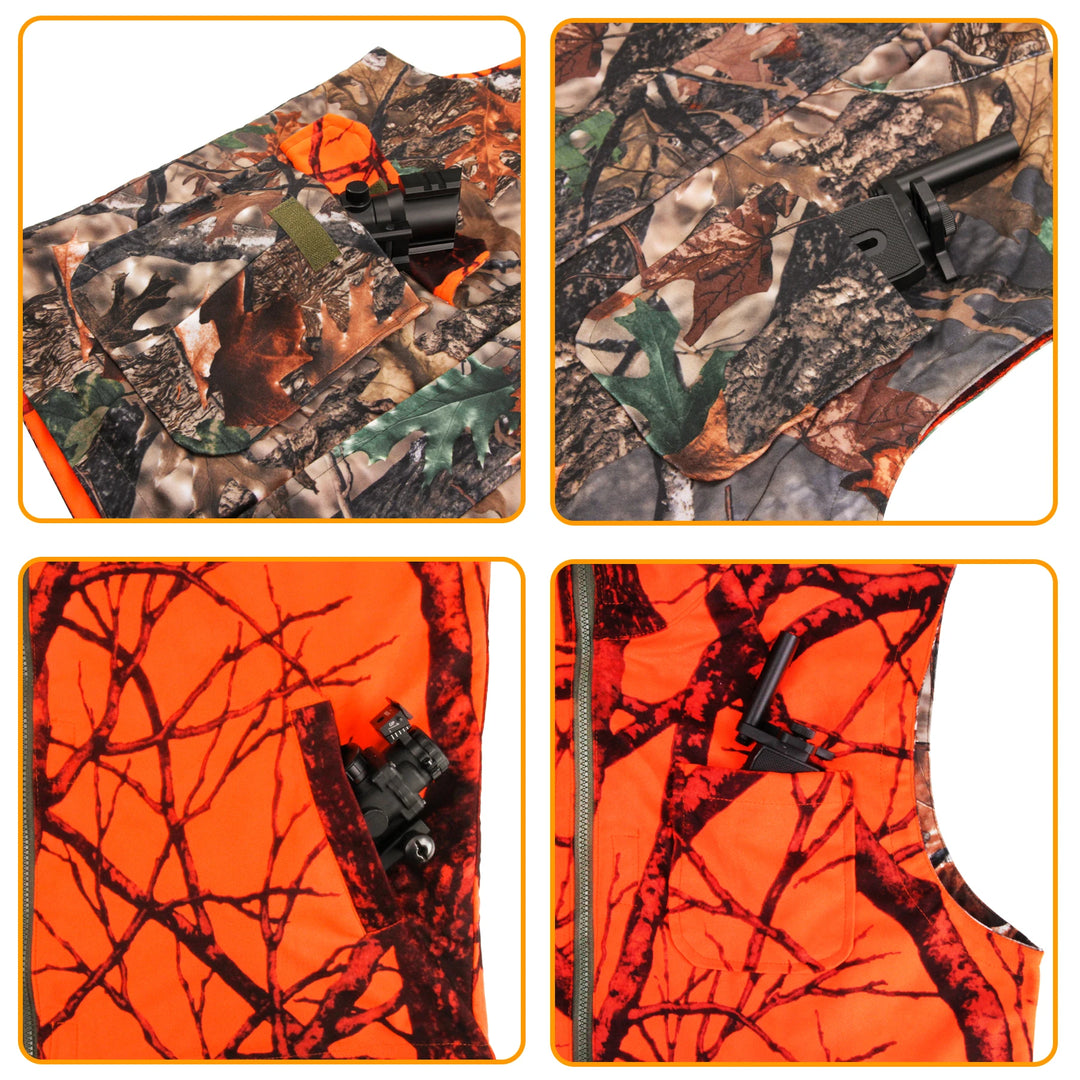 Orange Camo Fleece Hunting Vest – Sleeveless Safety Waistcoat for Hunting, Hiking & Fishing