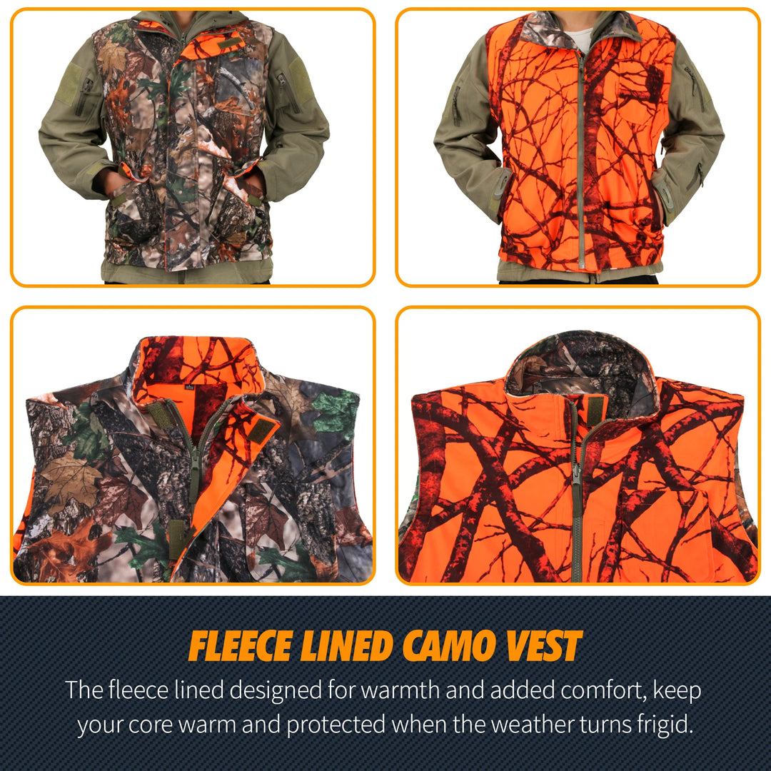 Orange Camo Fleece Hunting Vest – Sleeveless Safety Waistcoat for Hunting, Hiking & Fishing