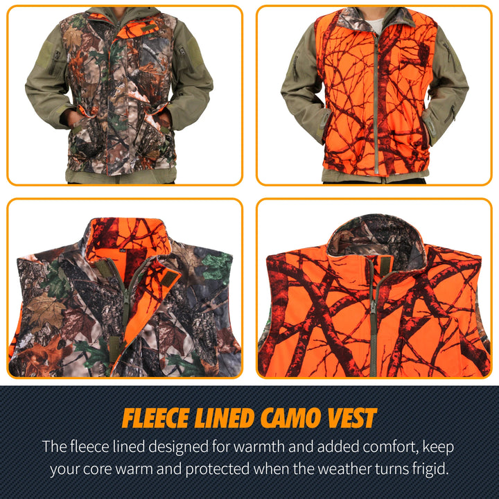 Orange Camo Fleece Hunting Vest – Sleeveless Safety Waistcoat for Hunting, Hiking & Fishing