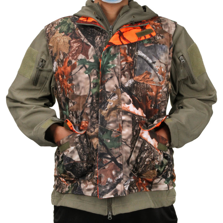 Orange Camo Fleece Hunting Vest – Sleeveless Safety Waistcoat for Hunting, Hiking & Fishing