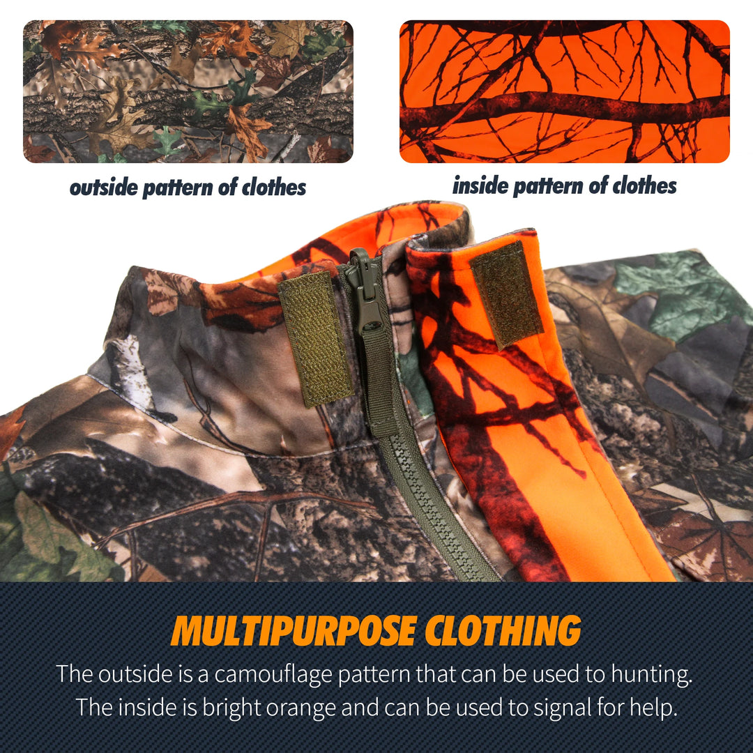 Orange Camo Fleece Hunting Vest – Sleeveless Safety Waistcoat for Hunting, Hiking & Fishing