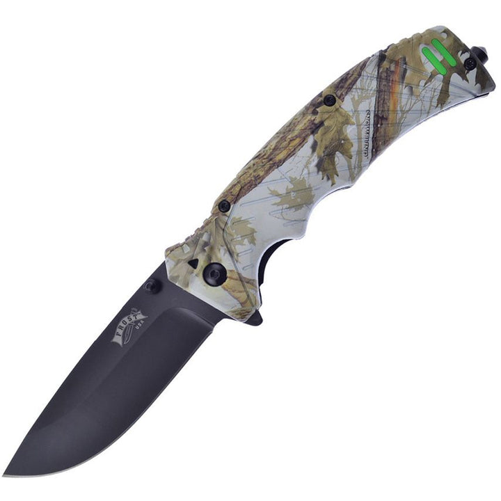 Firestarter Linerlock Assisted Opening Knife – 3.75" Drop Point Blade, Camo Handle with Glass Breaker &amp; Built-in Firestarter