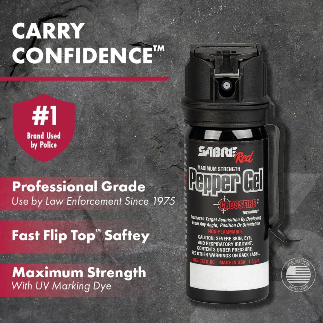 SABRE Crossfire Pepper Gel with Belt Clip – 360° Self Defense Spray, 20 ft Range, Police Strength Protection