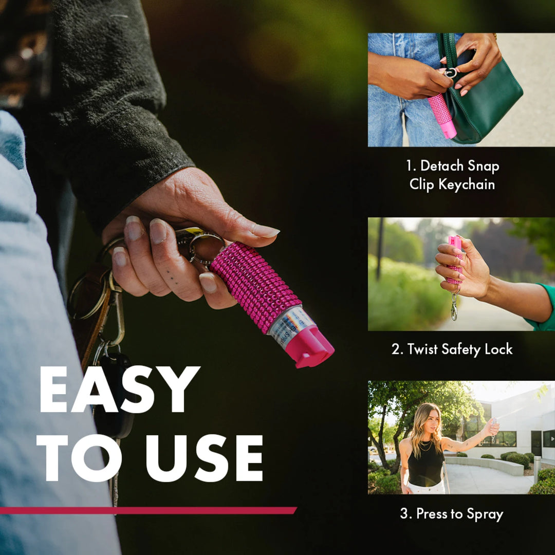 SABRE Jeweled Pepper Spray Keychain – Stylish Self Defense Spray with 12–14 ft Range &amp; Twist Lock Safety